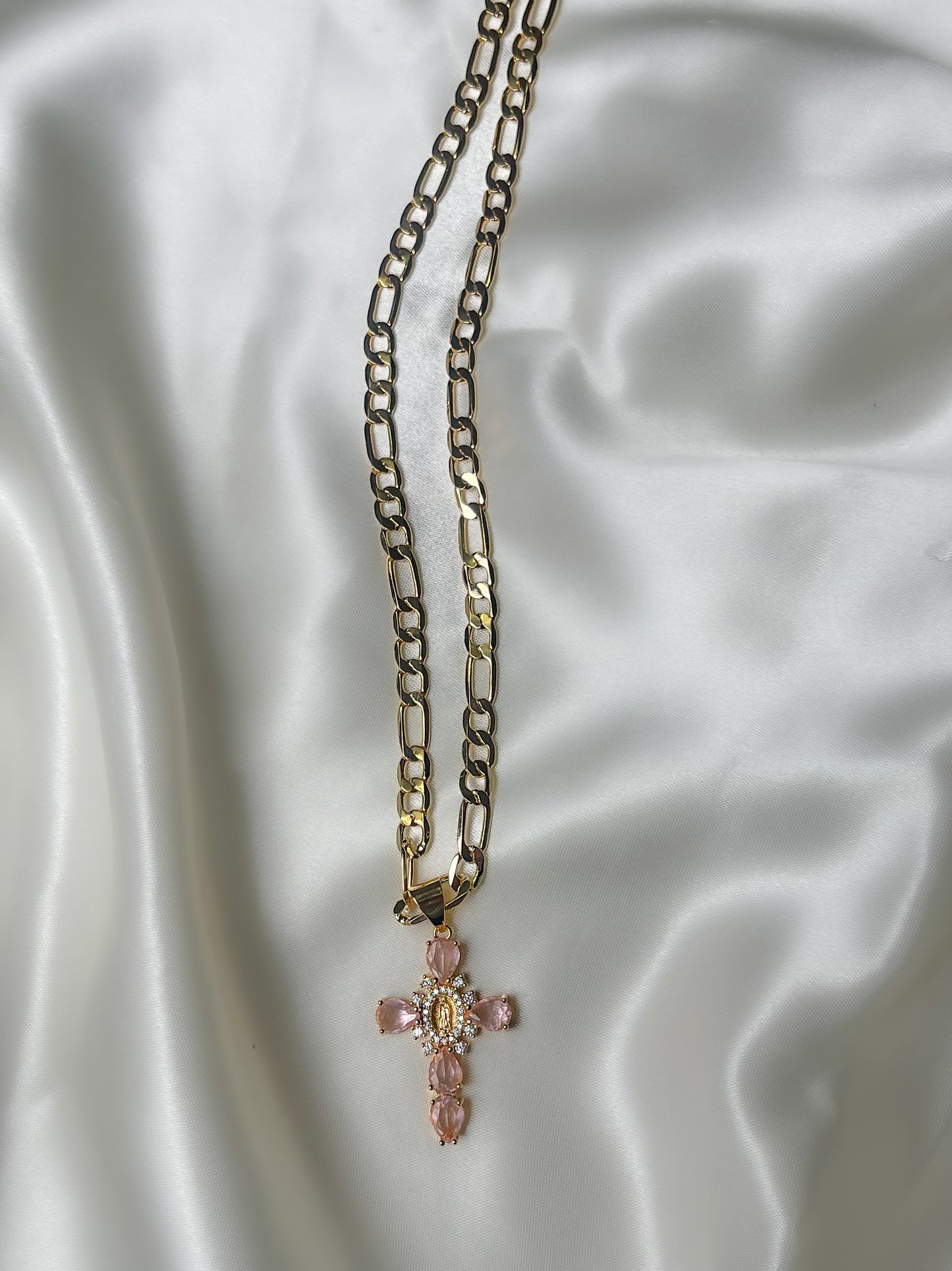 Gold and Pink Virgin Mary Cross Necklace
